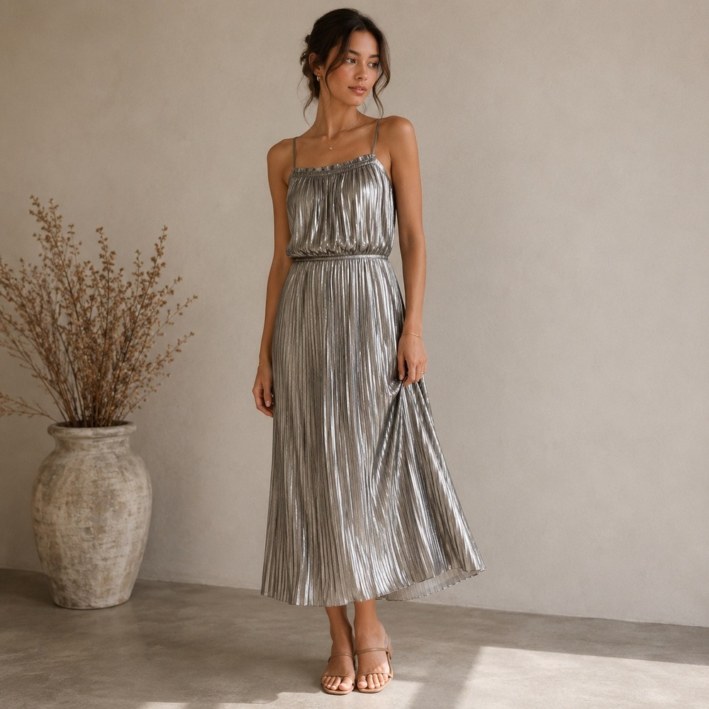 Banana Republic Pleated Midi Dress Womens 8 Silver Metallic Square‎ Neck 396391